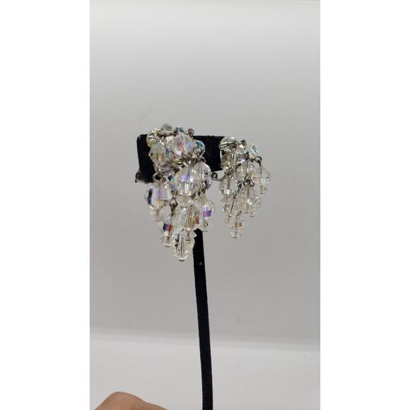 Vintage Earrings AB Crystal Waterfall Chandelier Clip Iridescent Rare Laguna - Picture 2 of 8